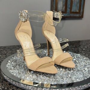 Jessica Simpson Tan and clear vinyl Heels with Crystal Buckles NEW 7.5